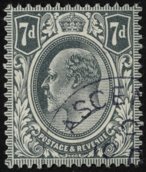 Great Britain used in Ascension. 1910 7d grey-black with part strike 'ASCEN' code C. SG Z31 (£475