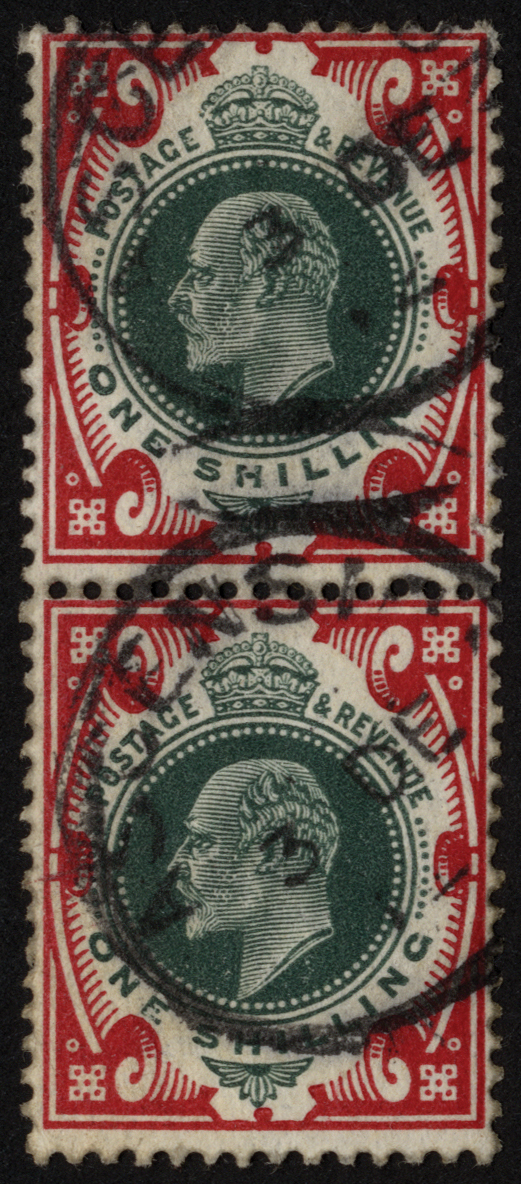 Great Britain used in Ascension. 1902 1/- green and carmine vertical pair, CDSs of 3 DE 12 (no