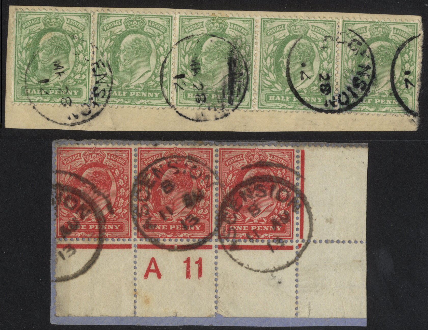 Great Britain used in Ascension. 1902 ½d green horizontal strip of five with three full strikes of