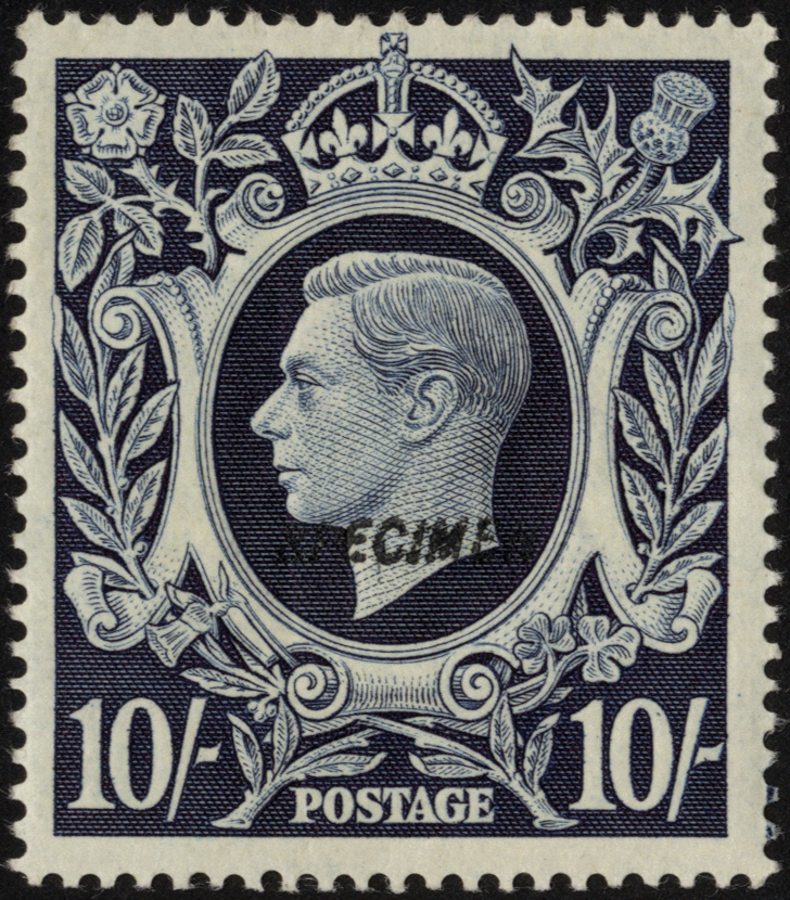 Great Britain. 1939 10/- dark blue, lightly hinged mint with SPECIMEN overprint Type 23, unobtrusive