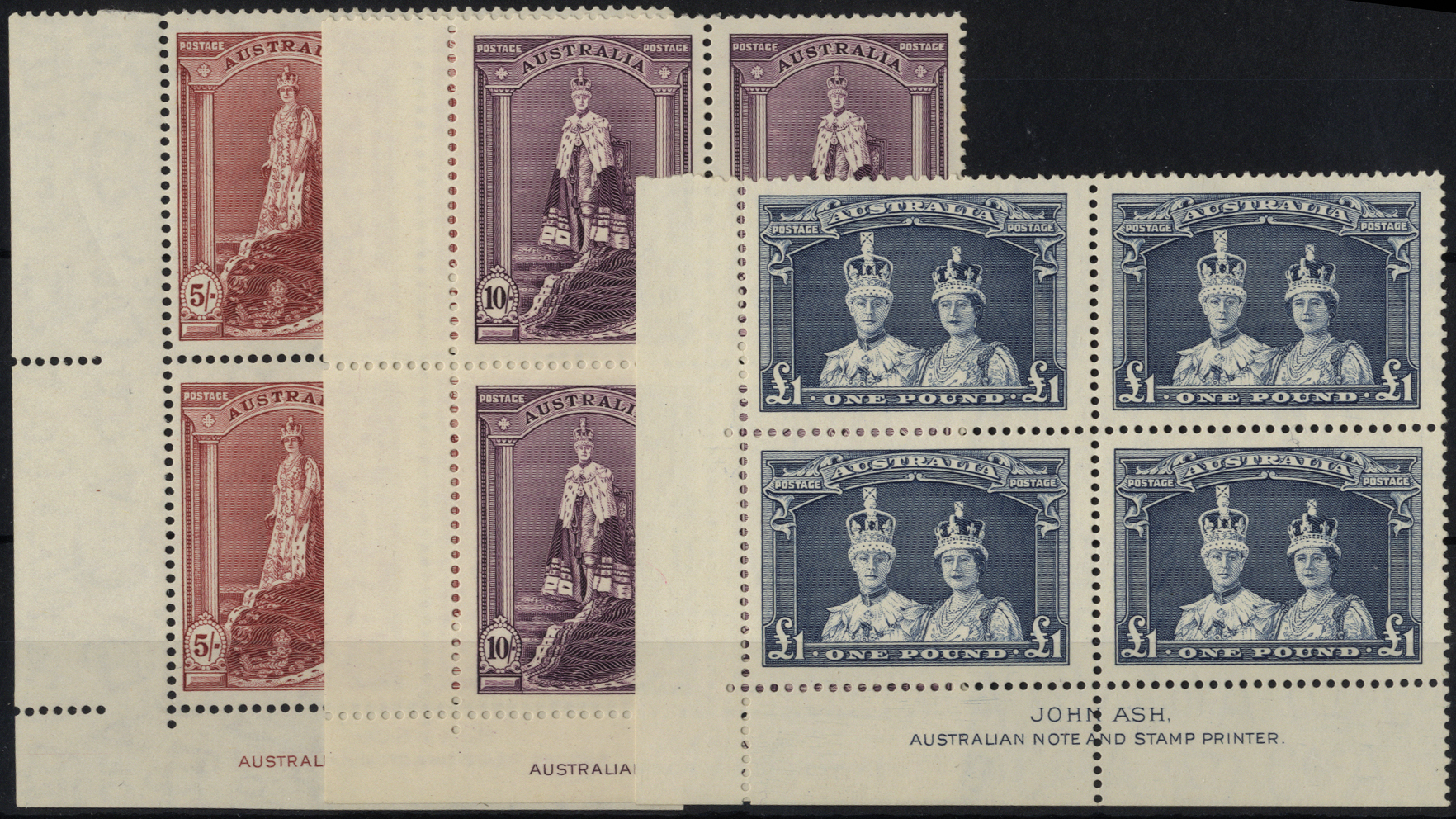 Australia. 1938 5/-, 10/- and £1 Robes on thick paper, unmounted mint Ash imprint blocks of four