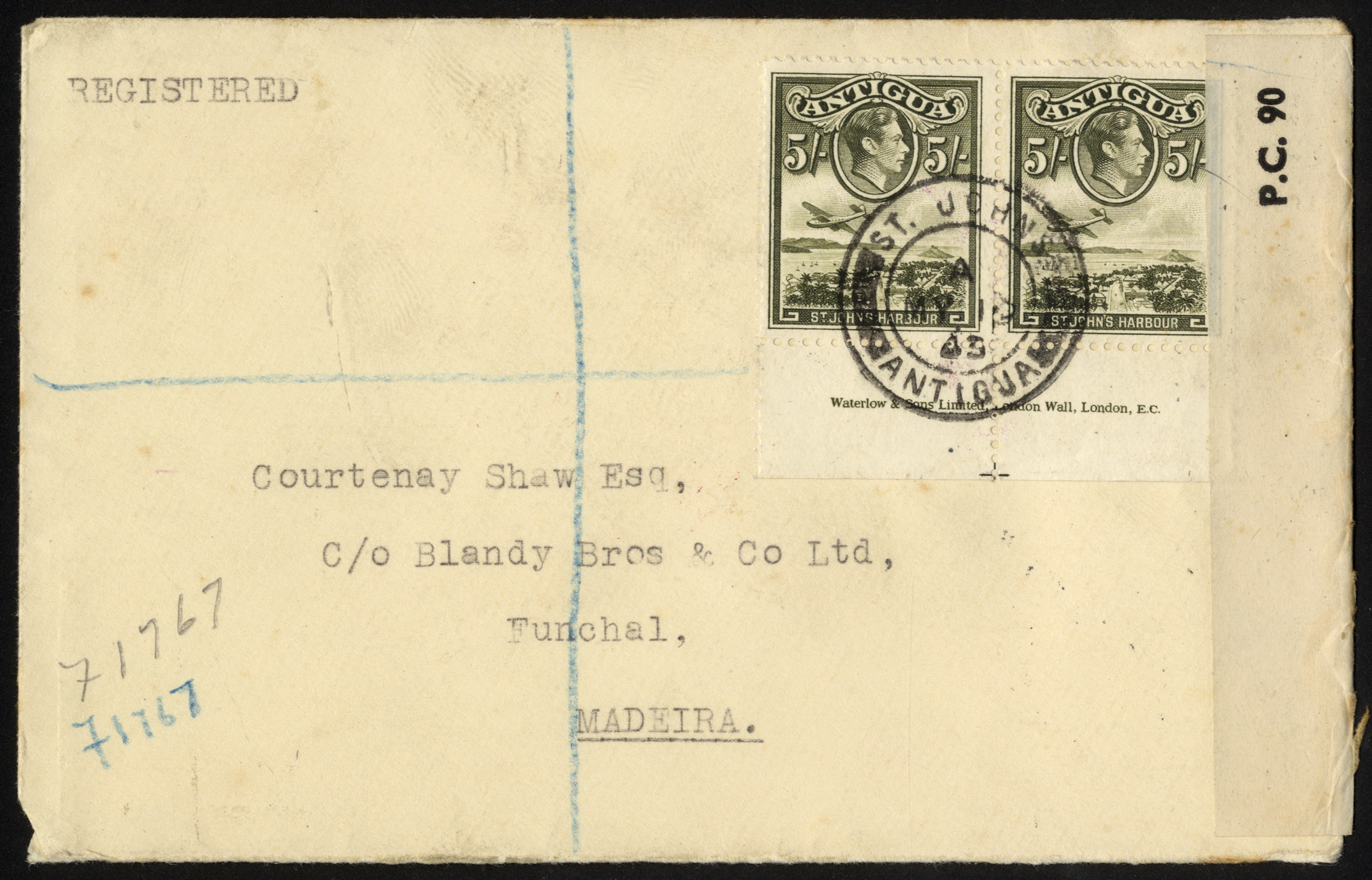 Antigua. 1943 three censored covers to Madeira, one with single 5/-; the other two with 2/6d imprint