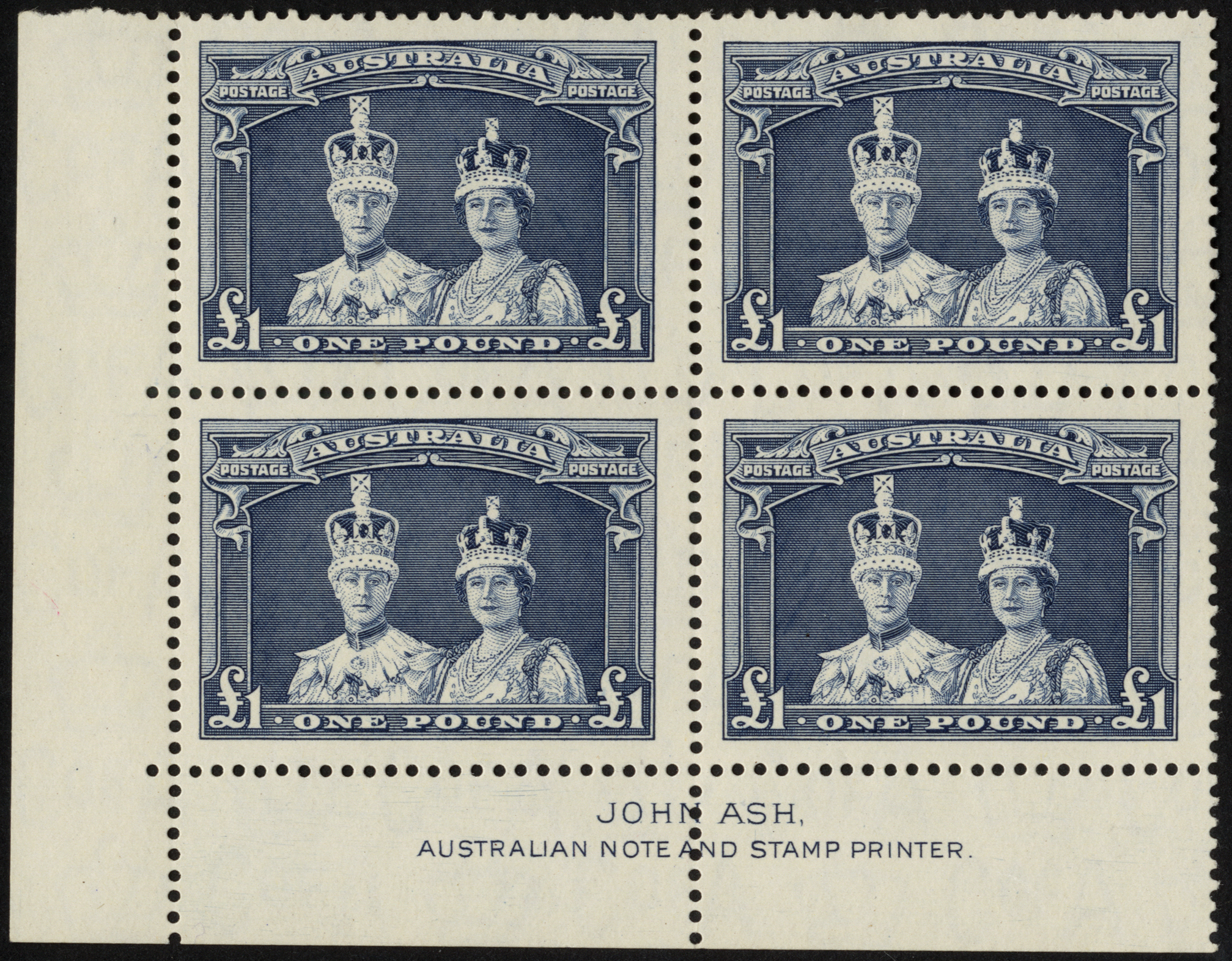 Australia. 1938 5/-, 10/- and £1 Robes on thick paper, unmounted mint Ash imprint blocks of four - Image 2 of 2