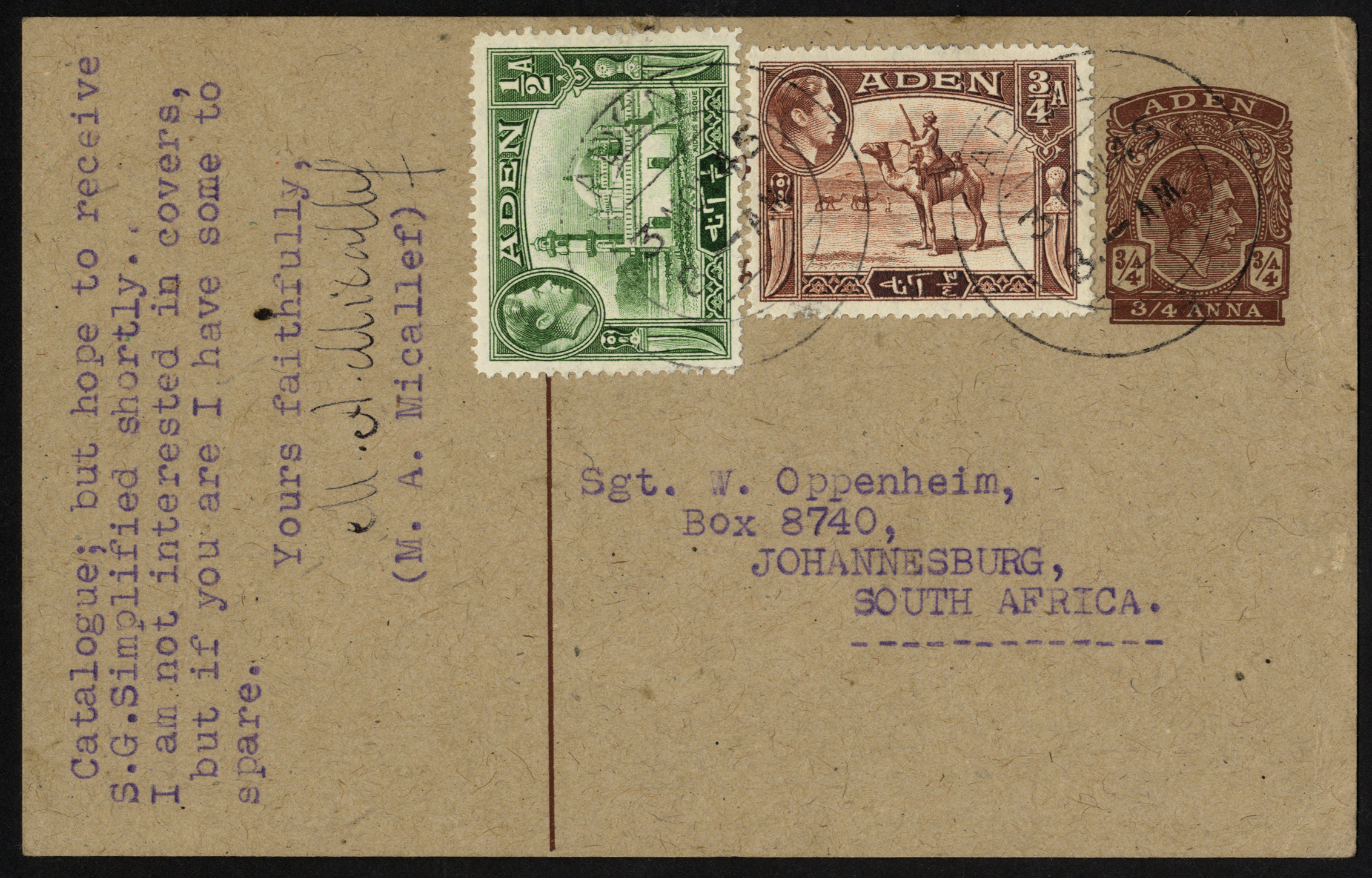 Aden. Postal Stationery. 1945 use of the 1939 ¾a postcard with added ½a and ¾a to South Africa, 3