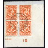 Gibraltar. 1938-51 £1 orange Plate 1B block of four fine used on piece, central 1944 CDS. SG 131 (£