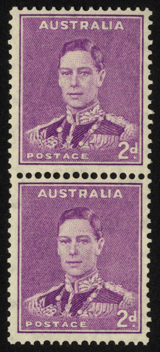 Australia. 1941 2d bright purple coil pair with inverted watermark, unmounted mint. Scarce. SG