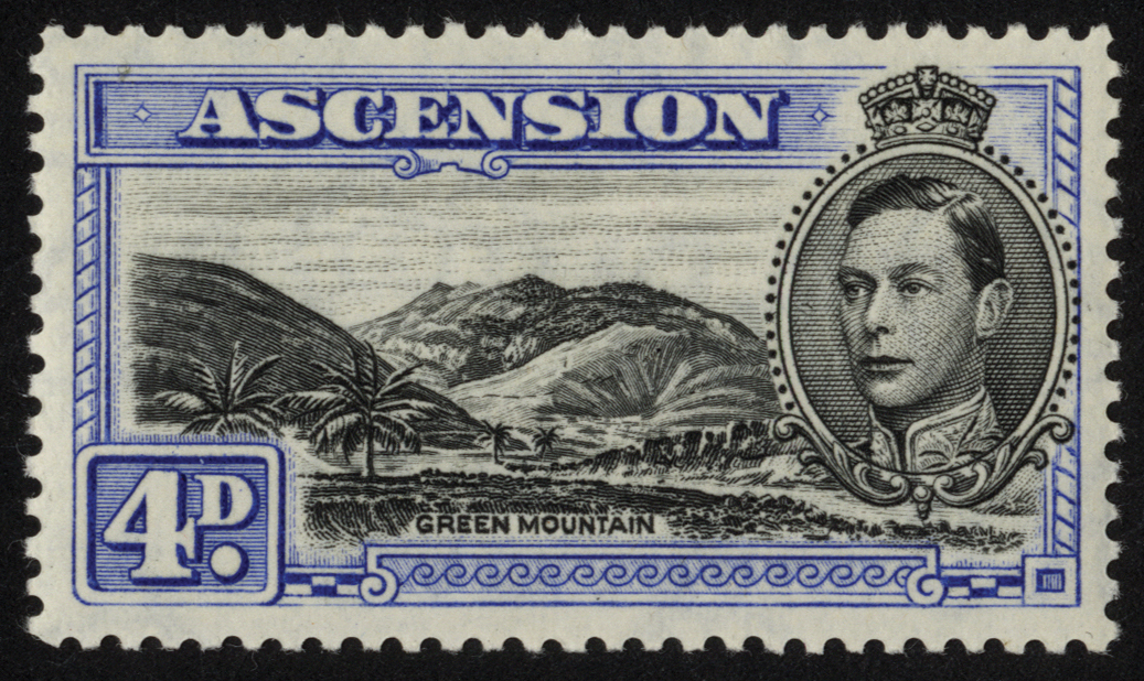 Ascension. 1944-9 4d black and blue perf 13, lightly-hinged mint with R4/4 'mountaineer' flaw. SG