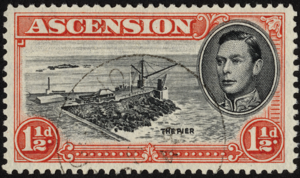 Ascension. 1944 1½d black and vermilion perf 13, fine used with R5/1 'davit' flaw. SG 40ba (£170)/CW