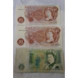 Bank of England (2) Fforde 10 shilling notes brown A65N & C88N, together with a £1 note