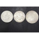 1897 Hong Kong / China silver dollar, 1936 Canada silver dollar, and 1964 Bermuda One Crown