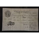 Bank of England O'Brien White, B276, £5 note, 241 096270, 1955 April 7th (marked to back 23719