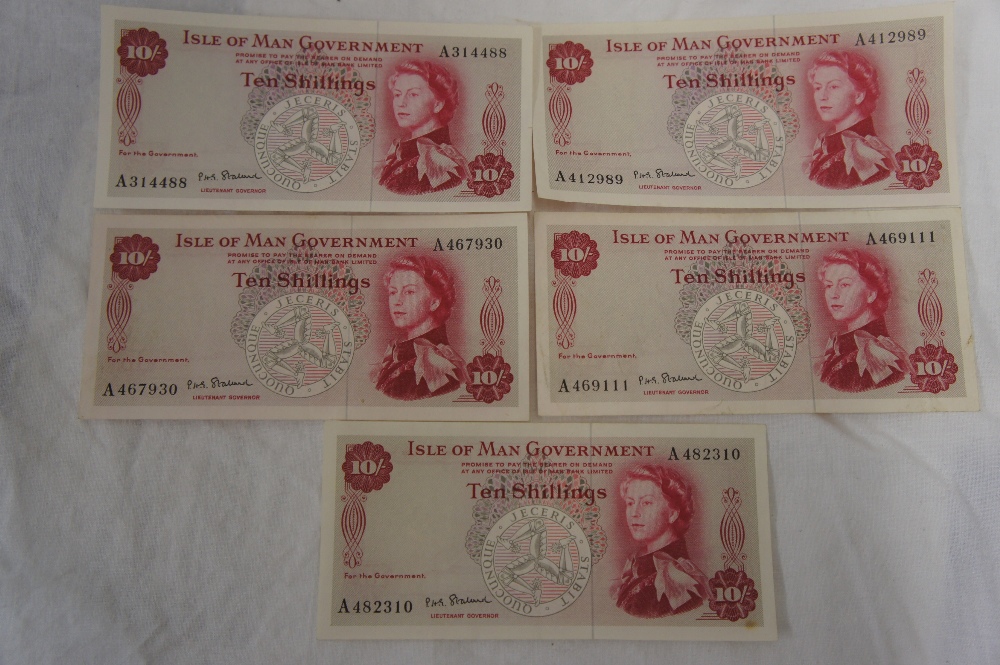 Five Isle of Man Government 10 shilling notes signed by Lieut, Governor P.H.G Stallard, No.