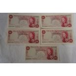 Five Isle of Man Government 10 shilling notes signed by Lieut, Governor P.H.G Stallard, No.