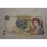 Isle of Man Government £5 note, signed by Cashen No. J498741 in uncirculated condition