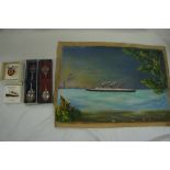 Collection of RMS Queen Mary ship's wheel badge, ship badge, teaspoon and oil painting on canvas,