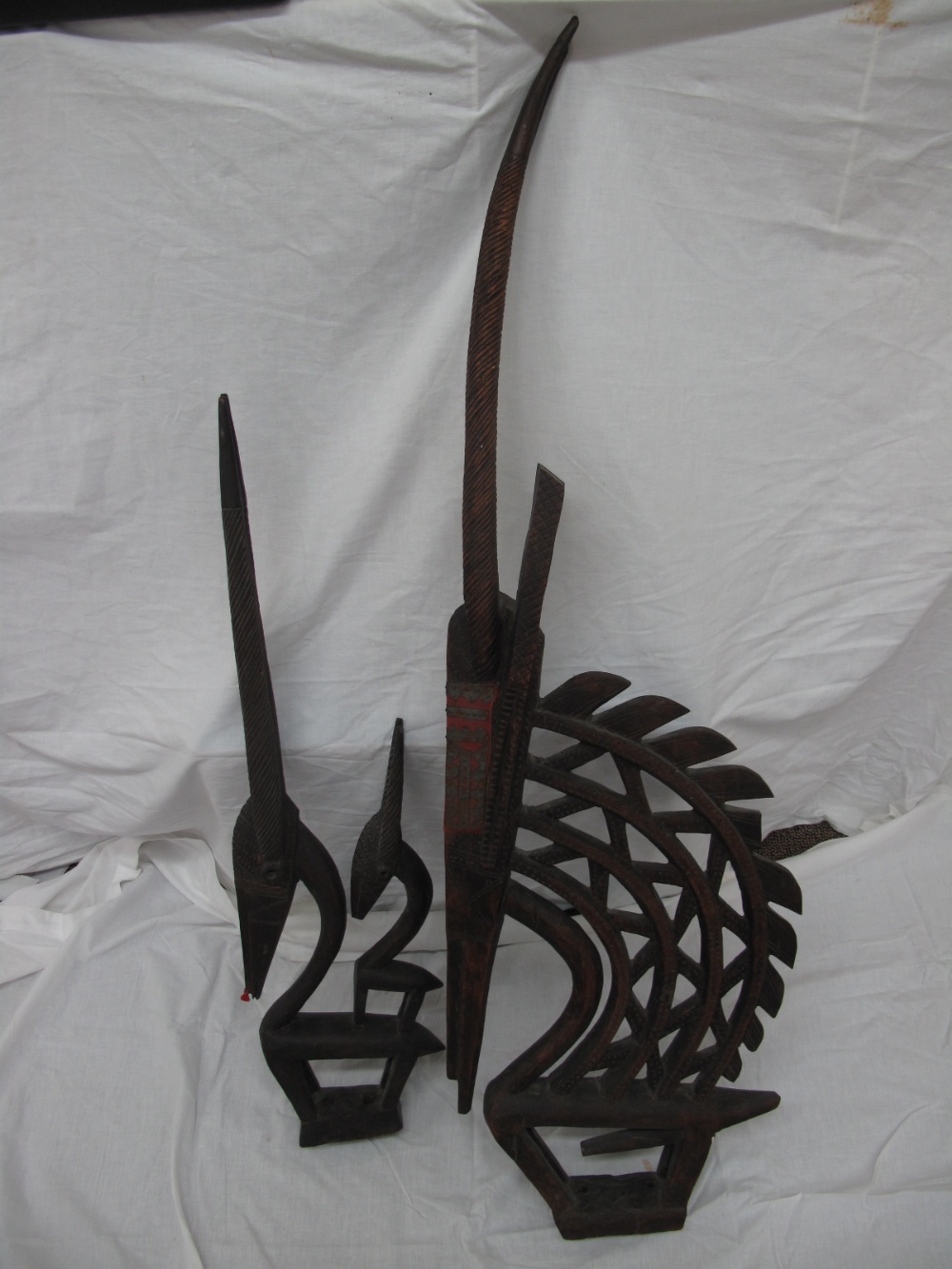 Antique Bamana Chi Wara carved wooden male and female antelope headdresses Mali, tallest 47 ins. - Image 2 of 2