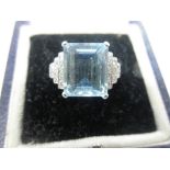 Large aquamarine and diamond ring in the Art Deco style set in 18ct white gold, size M