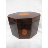George III octagonal harewood shell inlaid, string lined, single compartment tea caddy