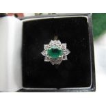 18ct gold, emerald and diamond cluster ring, size K with gold, emerald and diamond pendant on an