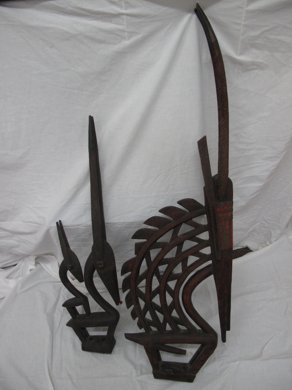 Antique Bamana Chi Wara carved wooden male and female antelope headdresses Mali, tallest 47 ins.