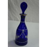 Edwardian painted Bristol blue port decanter with lozenge shaped stopper