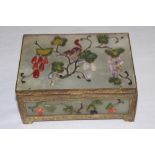 20thC Chinese trinket box with jade panels having applied decoration of hard stones making the scene
