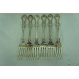 Set of six Exeter silver table forks, fiddle, shell and bead pattern, 1866, maker T S, 12 ozt.