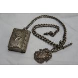 Heavy Victorian silver double watch chain, with shield fob and metal sovereign/vesta case having