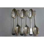 Set of six Victorian, silver fiddle pattern serving spoons, London 1842, Maker W E 14 ozt.