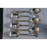 Set of six Victorian Queens pattern dessert spoons, London 1854, maker George Angell, 12 ozt.