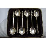 Cased set of six Victorian Apostle topped silver coffee spoons, London 1885 maker J.W.H & J.T.H