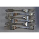 Set of six GIII silver fiddle shell and thread pattern table forks, London 1810 makers, William