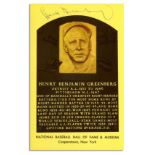 Hank Greenberg Signed Postcard of His Hall of Fame Plaque Hank Greenberg postcard signed. The top