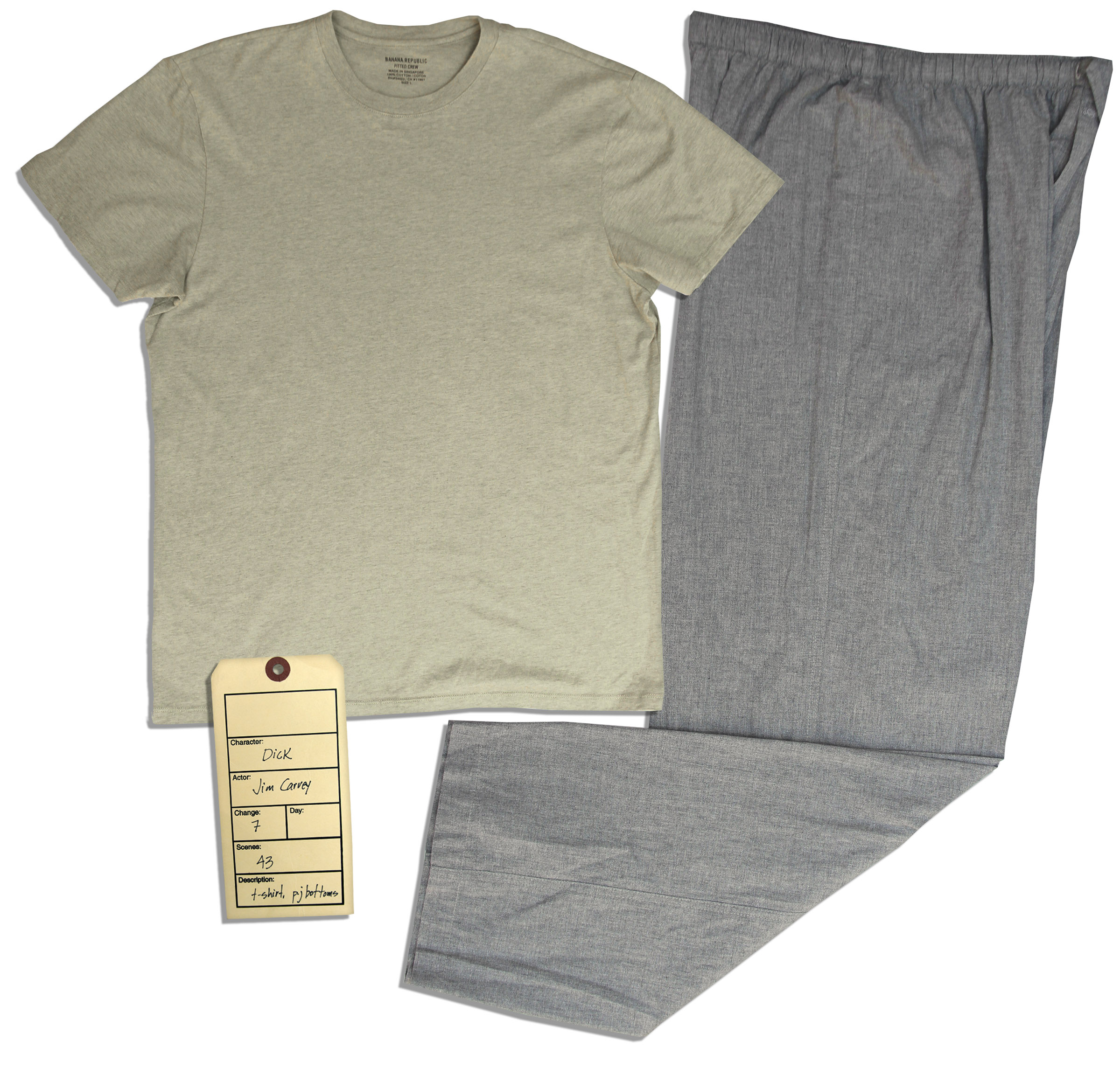 Jim Carrey wardrobe from ''Fun With Dick & Jane''. Two-piece ensemble comprises a khaki t-shirt by