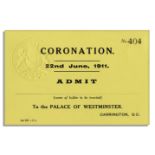 King George V blank Coronation ticket from his 1911 ceremony at the Palace of Westminster. Yellow