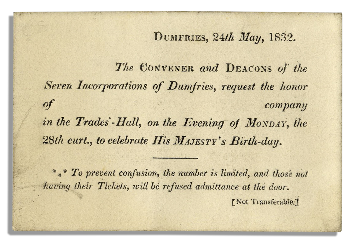 Royal ticket from 1832 in celebration of King George I's birthday. Printed ticket reads in full, ''