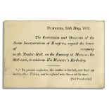 Royal ticket from 1832 in celebration of King George I's birthday. Printed ticket reads in full, ''