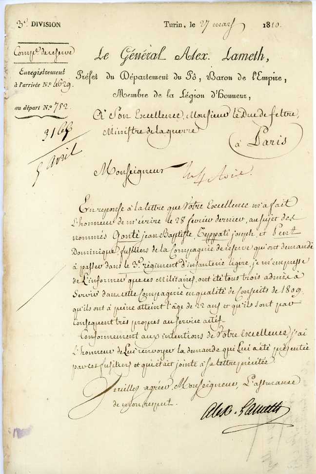 Document signed by Alexandre Lameth, General Rochambeau's aide-de camp during the American