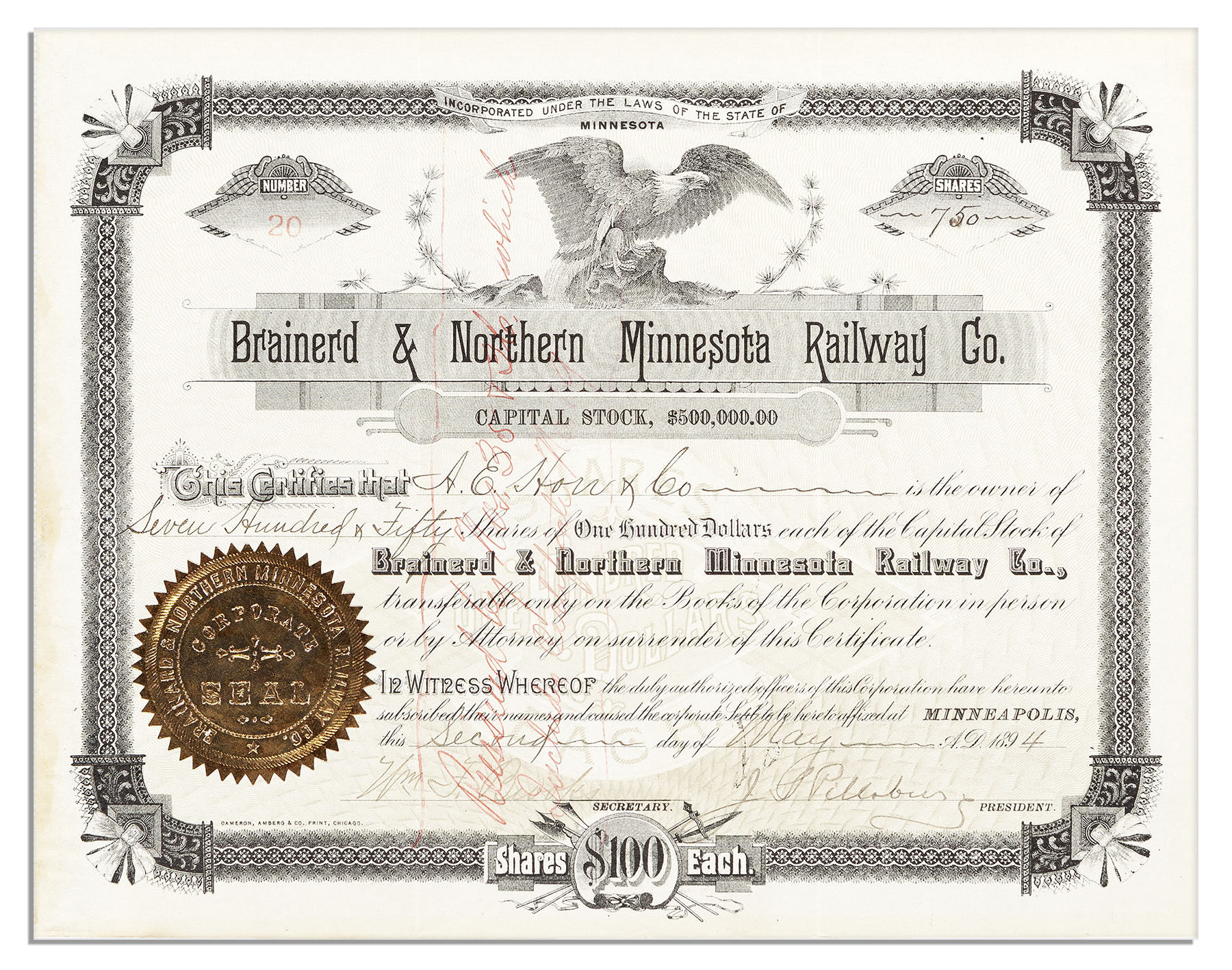John S. Pillsbury stock certificate signed as President of the Brainerd & Northern Minnesota Railway - Image 2 of 2