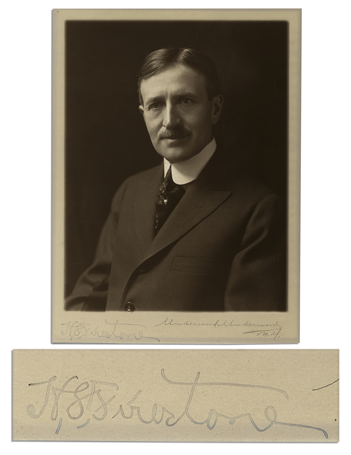 Vintage portrait photo signed by its wealthy subject upon the lower border, ''H.S. Firestone''.