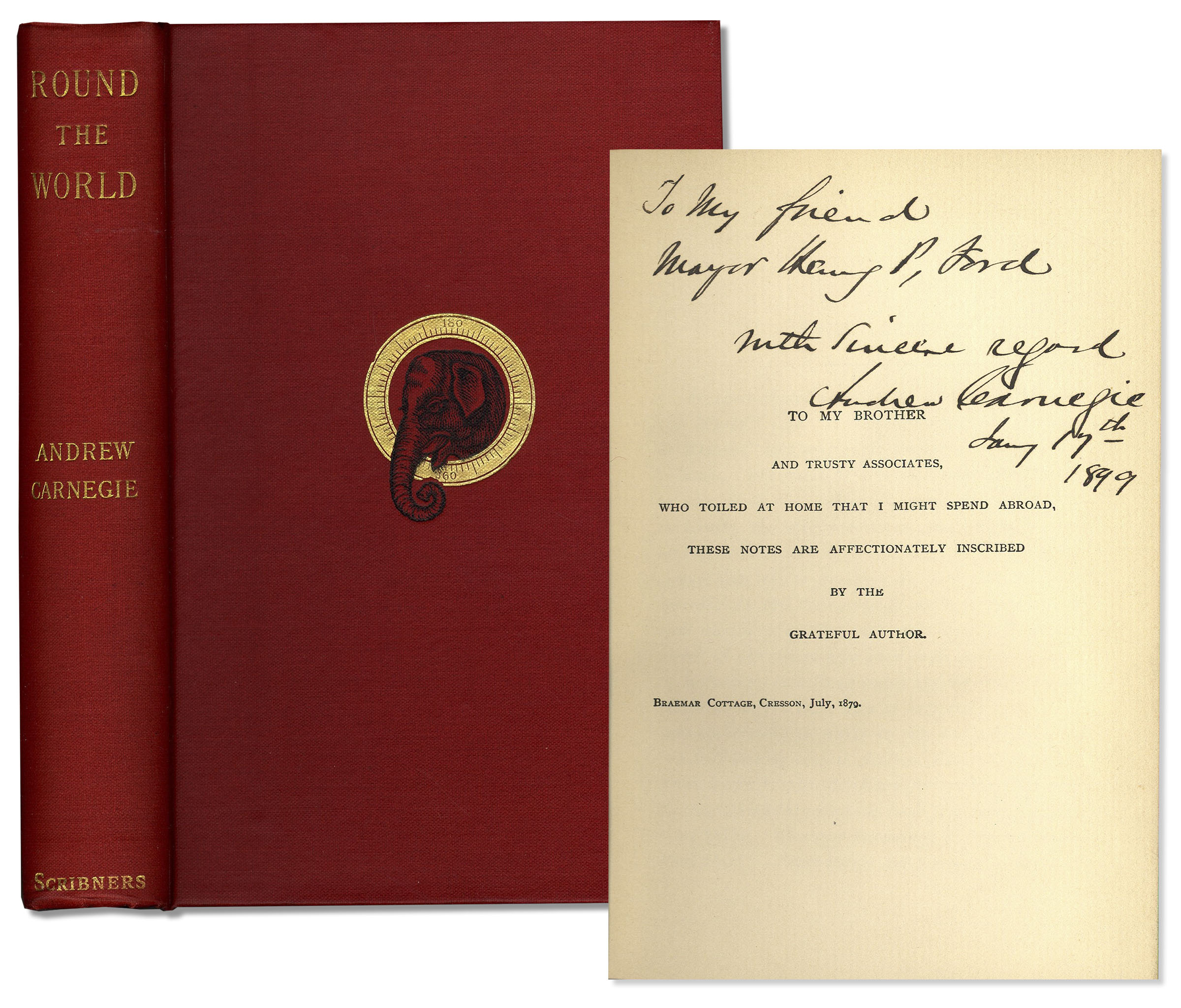 Beautiful Andrew Carnegie signed copy of his travel log ''Round The World'', published by Charles