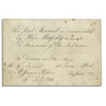 King William IV 1833 invitation to dinner at St. James' Palace. Partially printed document