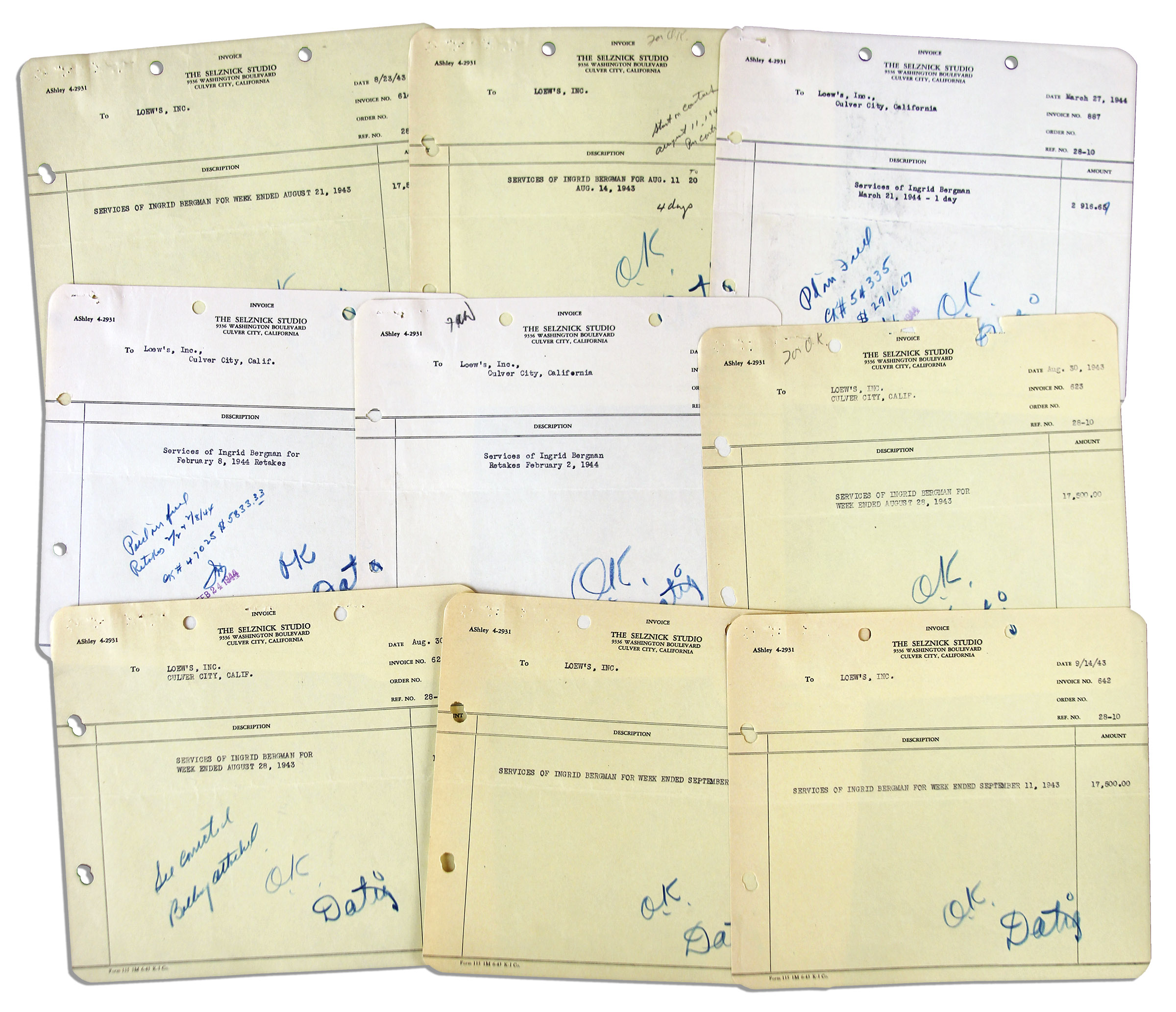 Collection of 9 invoices detailing payment to Ingrid Bergman from The Selznick Studio, dated 1943-