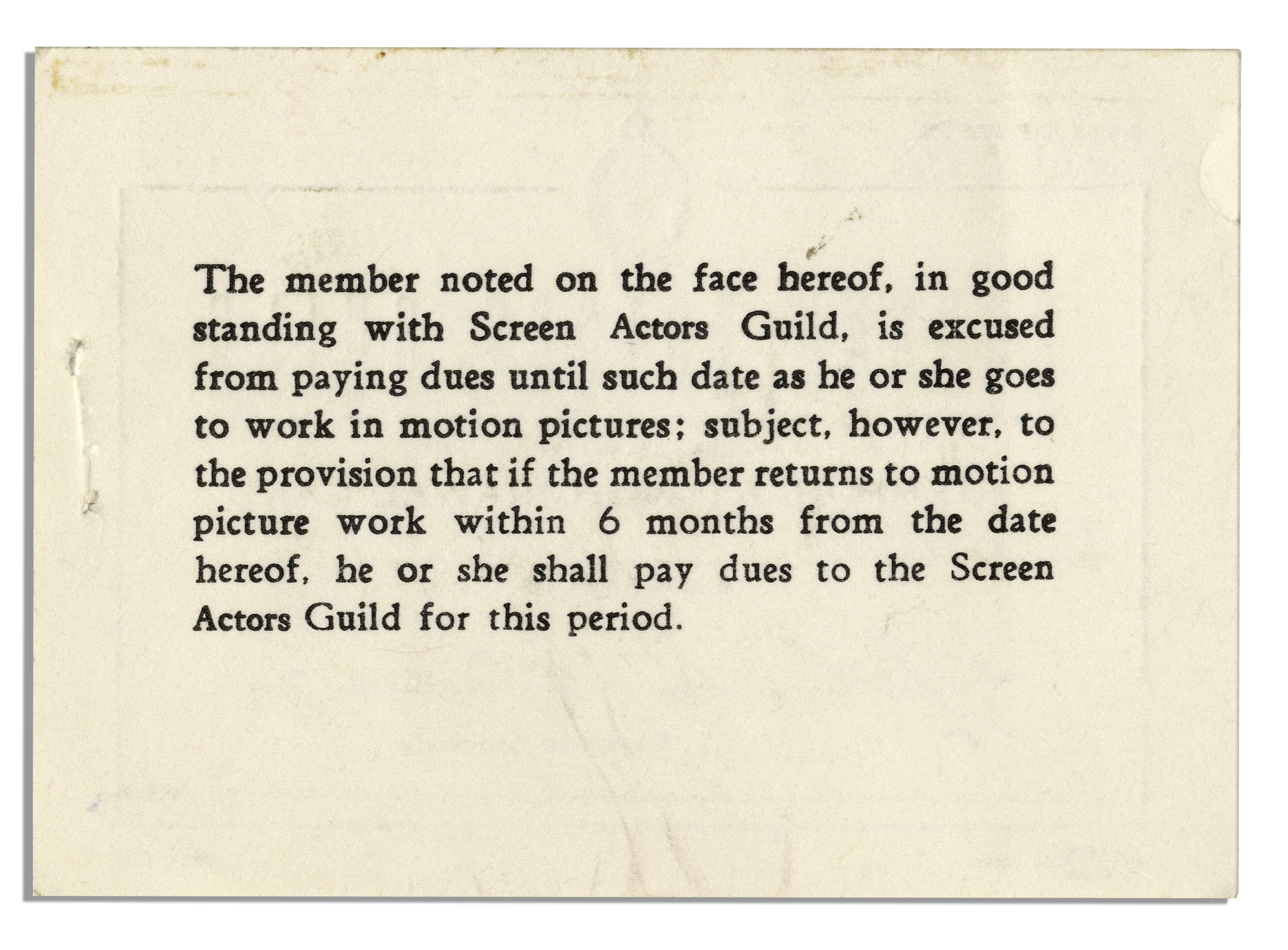 'Temporary withdrawal card'' given to Mary Astor by the Screen Actors Guild upon her retirement from - Image 2 of 2