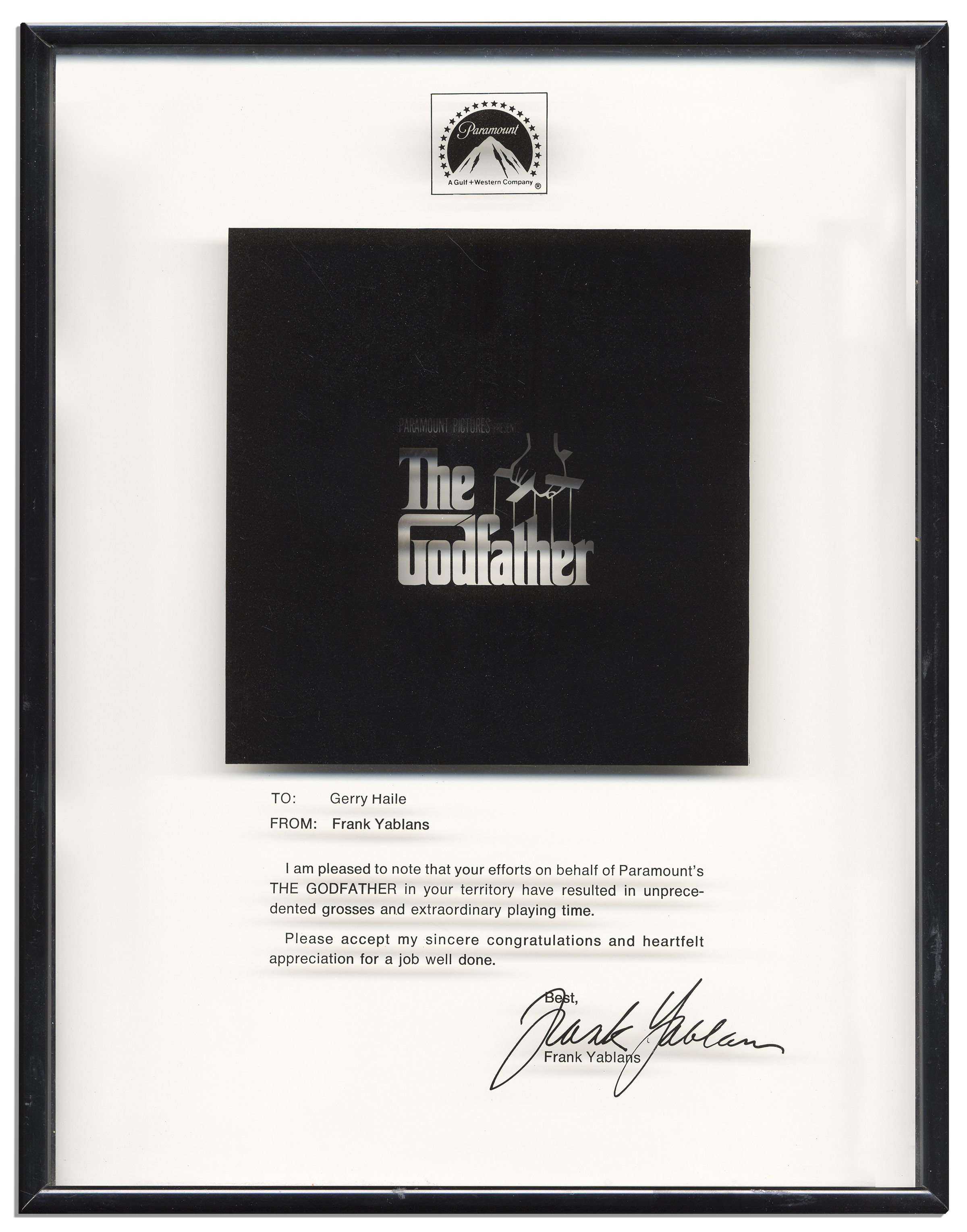 ''The Godfather'' glass plaque, custom made by the president of Paramount. Black print reads, ''To