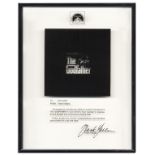 ''The Godfather'' glass plaque, custom made by the president of Paramount. Black print reads, ''To