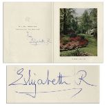 Christmas card signed, ''from / Elizabeth R'' by the Queen Mother. Card opens to a color