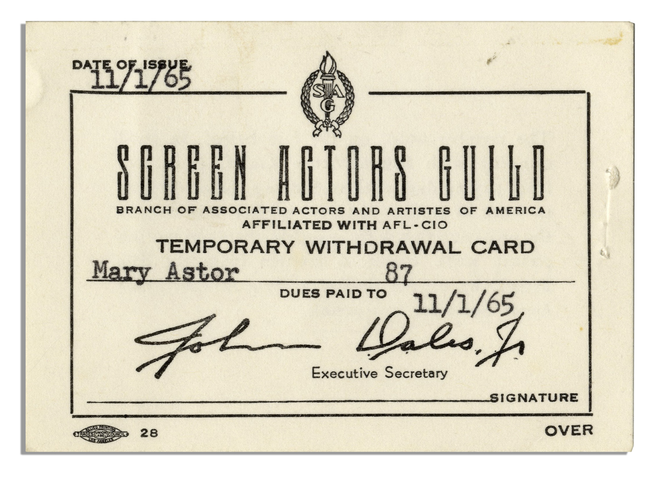 'Temporary withdrawal card'' given to Mary Astor by the Screen Actors Guild upon her retirement from