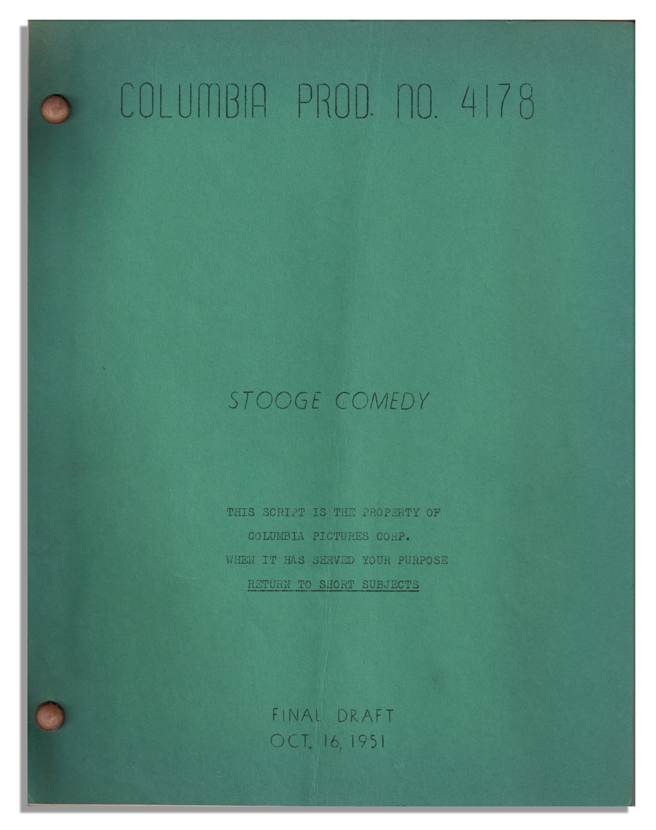 Very scarce Three Stooges script for ''Corny Casanovas'', personally owned by Moe Howard. Howard