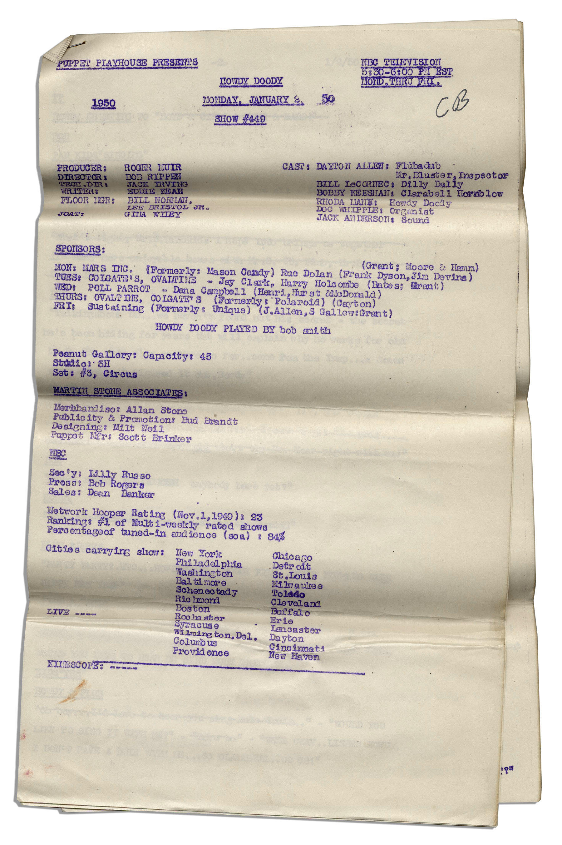 Full script for episode #449 of ''The Howdy Doody Show'', which aired 2 January 1950 on NBC. Typed - Image 11 of 11